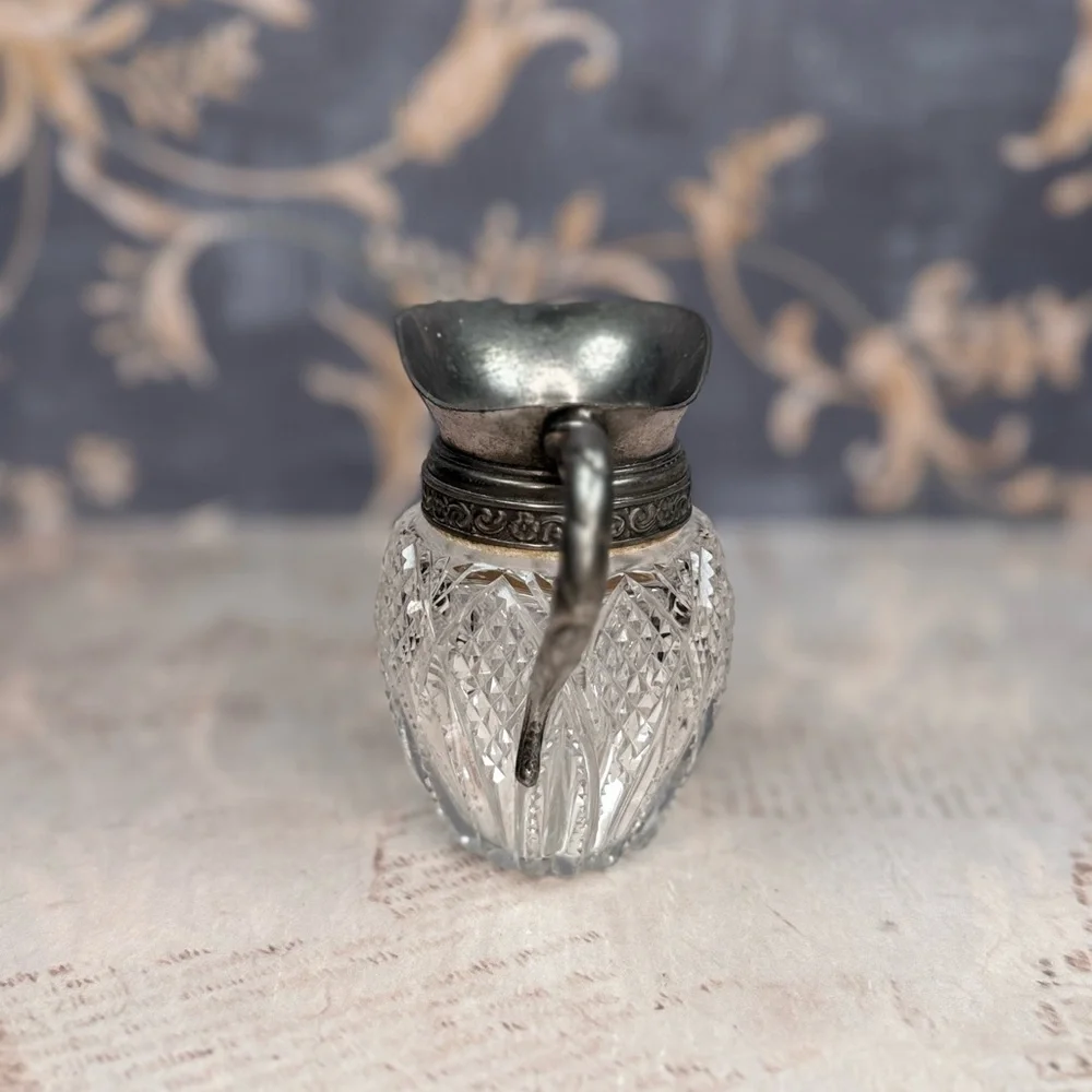 Antique Cut Glass Creamer Pitcher w/ Pewter Top & Handle Estate Mini Jug